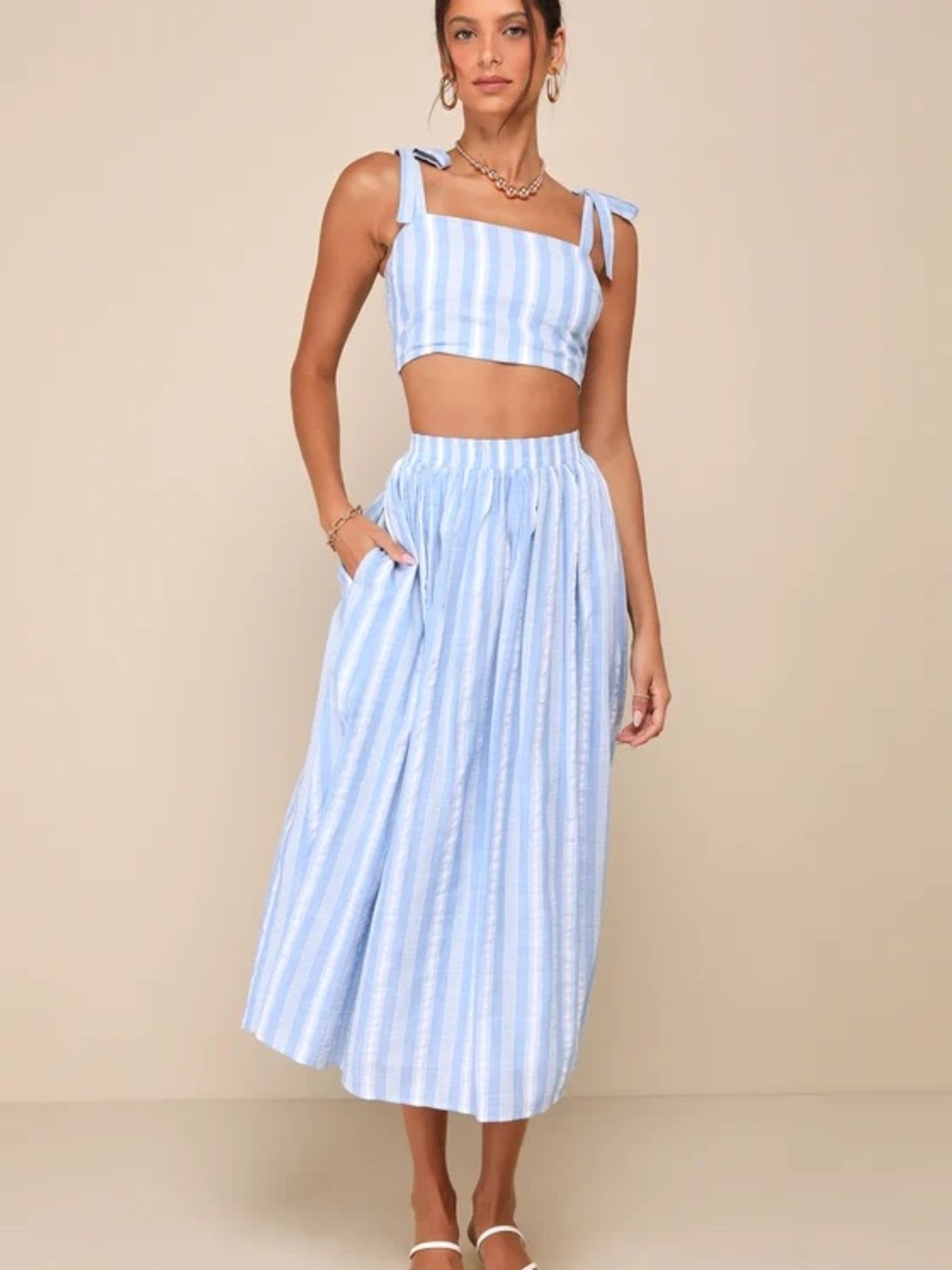 Lulu's Light Blue & White Striped Midi Skirt and Crop Top Matching Set